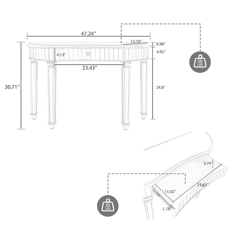 GDFStudio - 47" Half-Moon Mirrored Console Table with Fluted Glass & Crystal Knob Drawer