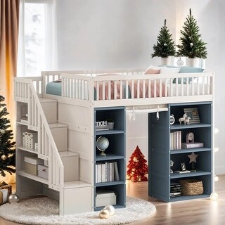 Full Size Loft Bed with 2 Four-layer Storage Cabinets and Curtain, White+Blue