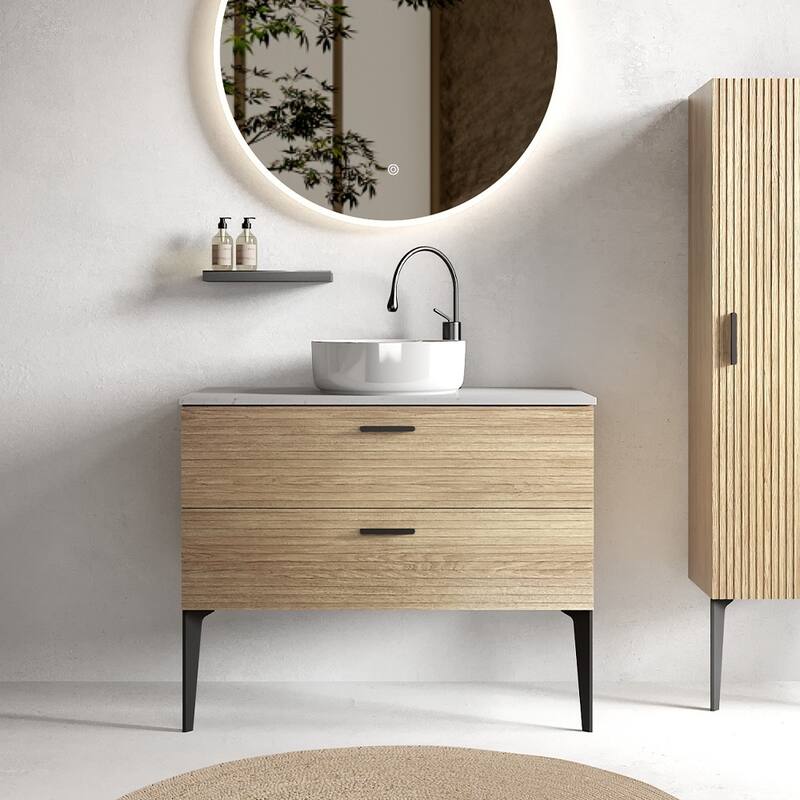 GDFStudio - Emilia 36" Bathroom Vanity with Ceramic Sink and Dual Drawer Storage, Modern Freestanding Cabinet - OAK - 36"