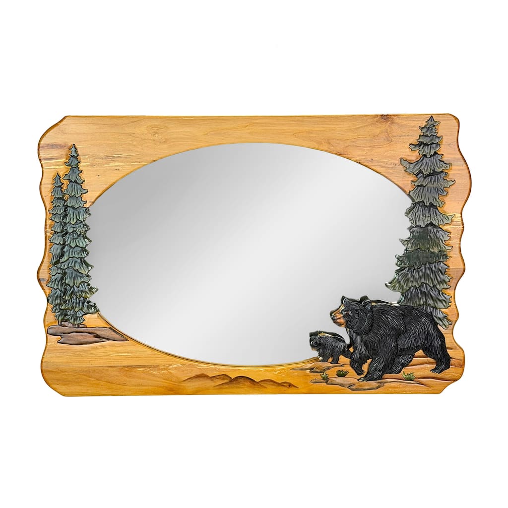 Rustic Bear Wood Wall Mirror Lodge Cabin Wildlife Brown Hanging Decor - 23.5 X 36 X 2 inches