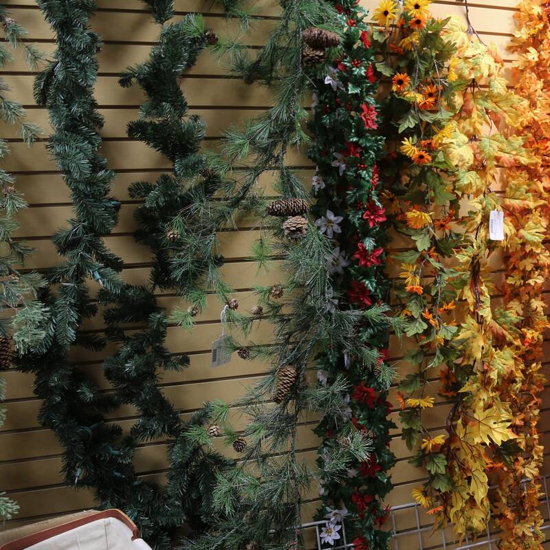 Snowy Ming Pine Garland with Drooping Branches and Pinecones - N/A