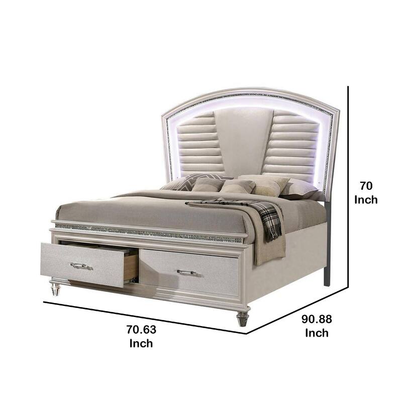 Sam Queen Bed with LED Lights, Storage, White Tufted Faux Leather