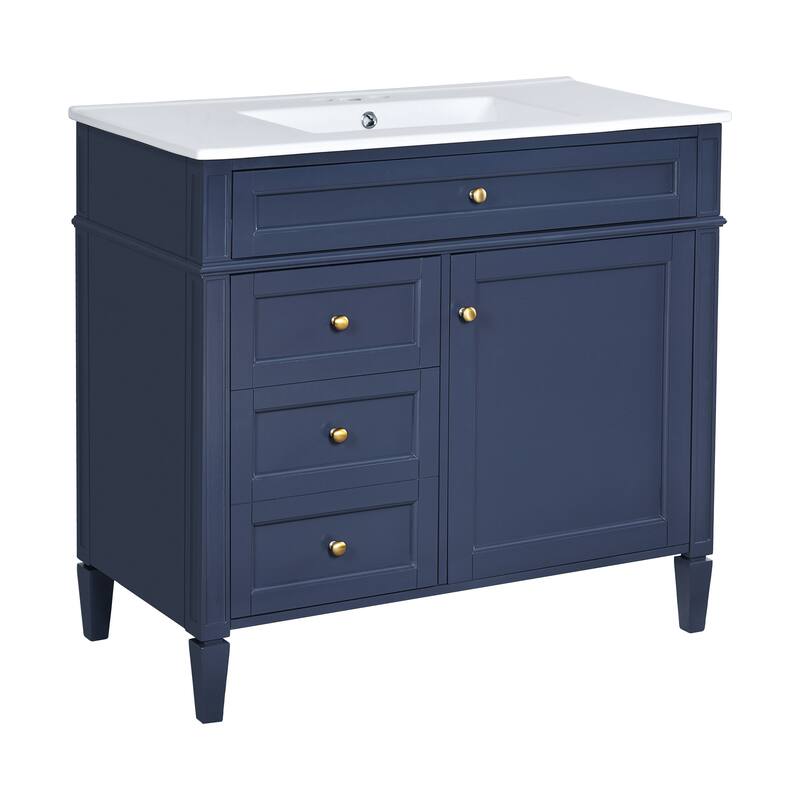 Modern Single Sink Bathroom Vanity Cabinet with Door Rack, Tip-out Drawer, 2 Pull-out Drawers, Metal Knobs and Adjustable Shelf