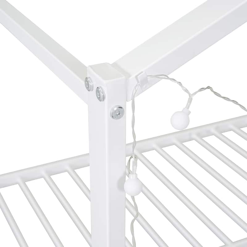 Full Size Metal Bed House Bed Frame with Shelves and Lights, White