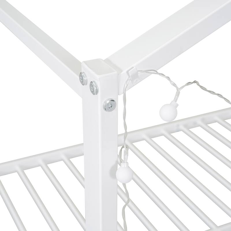 White Full Size Metal Wood House Bed Frame with Shelves and Lights for Kids