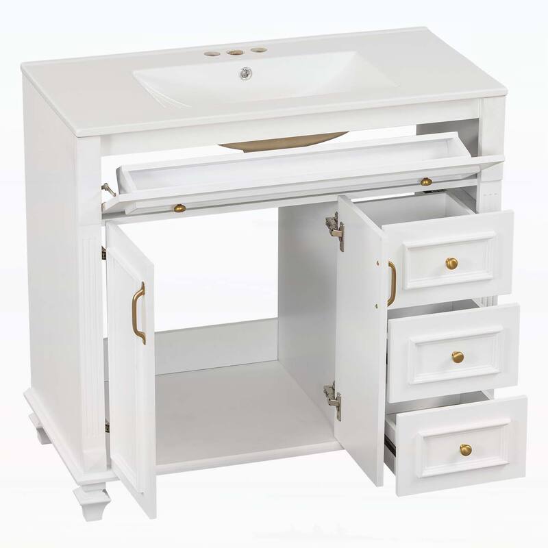Freestanding Vanity Set with Flip-Out Drawer,3 Drawers,2 Soft-Close Doors