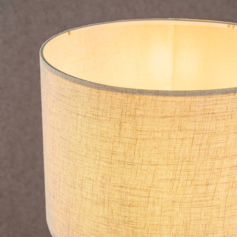 CraftHome Farmhouse Honey Brown Wood Bedside Table Lamp Drum Shape Nightstand Lamp with Beige Fabric Shade for Bedroom - W18''