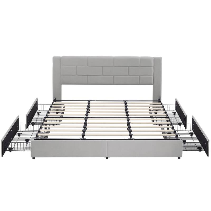 VECELO Upholstered Storage Bed Frame with 2 Side USB Ports and 4 Big Space Drawers, Velvet Headboard and Charging Station-Ports