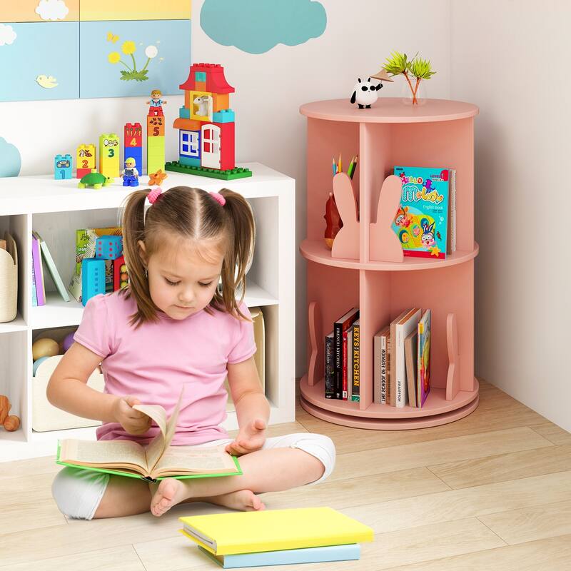 MDF Kids Rotating Bookshelf 8 Compartments 360-degree Swivel with Bunny Baffles - 16" L x 16” W x 25.5" H