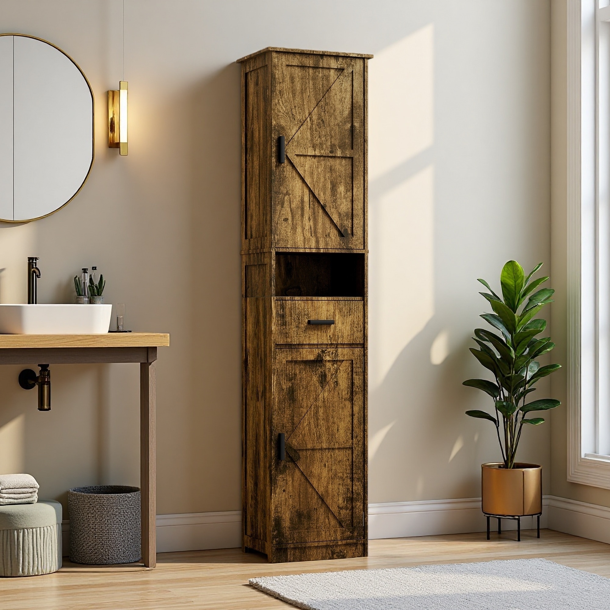 Tall Storage Cabinet with Adjustable Shelves, 2 Barn Doors and 1 Drawer