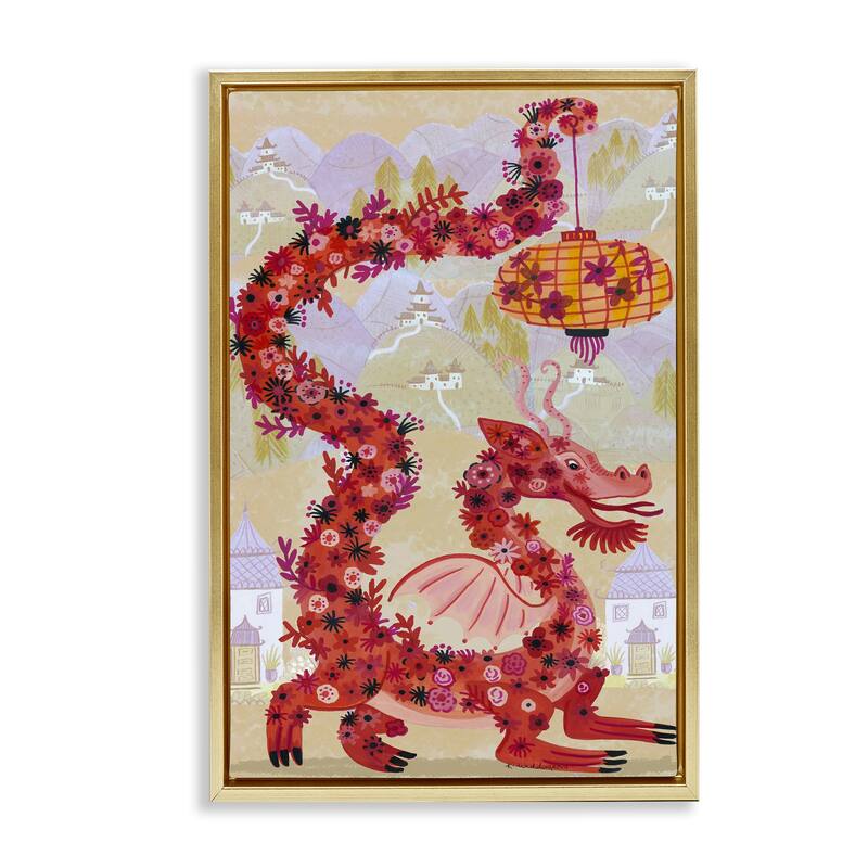 Stupell Dragon & Lantern Mythology Framed Floater Canvas Wall Art Design By Kay Widdowson - 17 x 25 - Gold