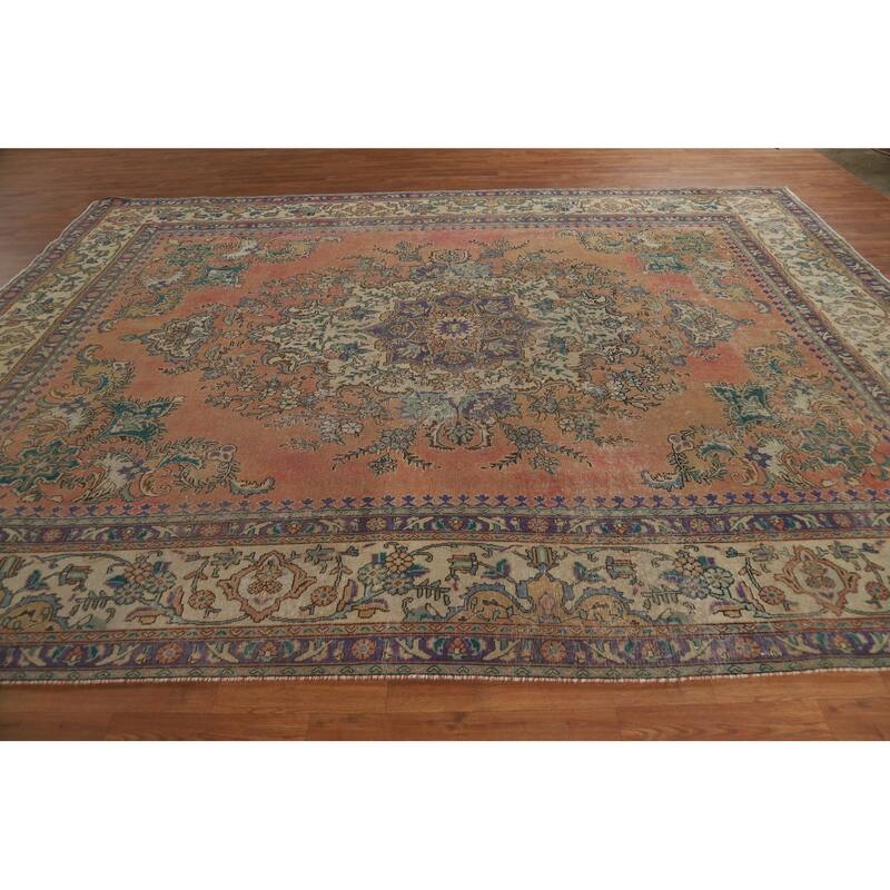 Vegetable Dye Tabriz Persian Vintage Area Rug Handmade Wool Carpet - 9'5" x 12'3"