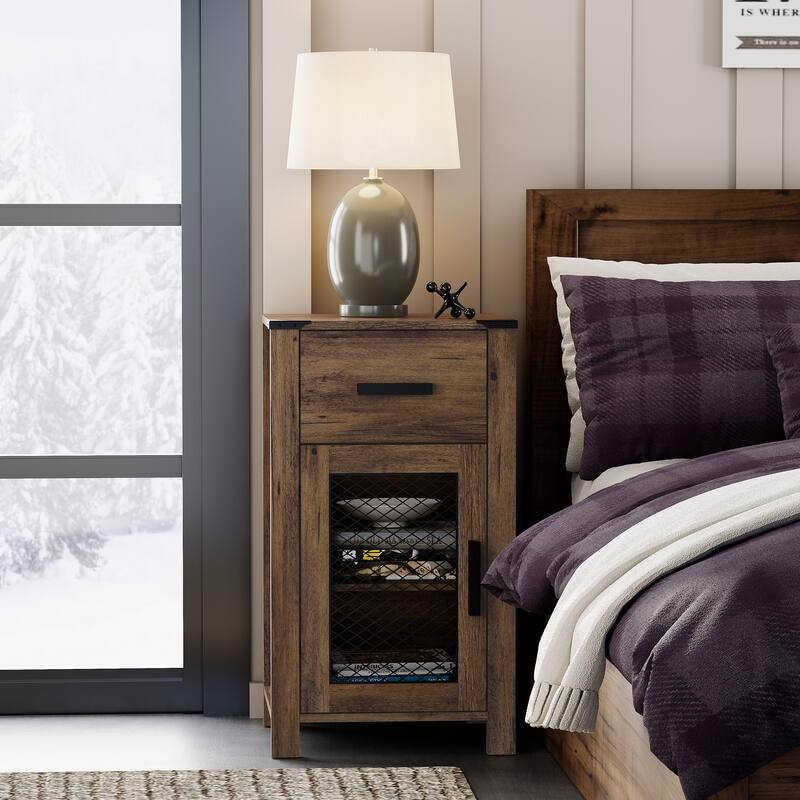 WAMPAT Farmhouse End Table with Drawer and Rustic Mesh Door Stroage