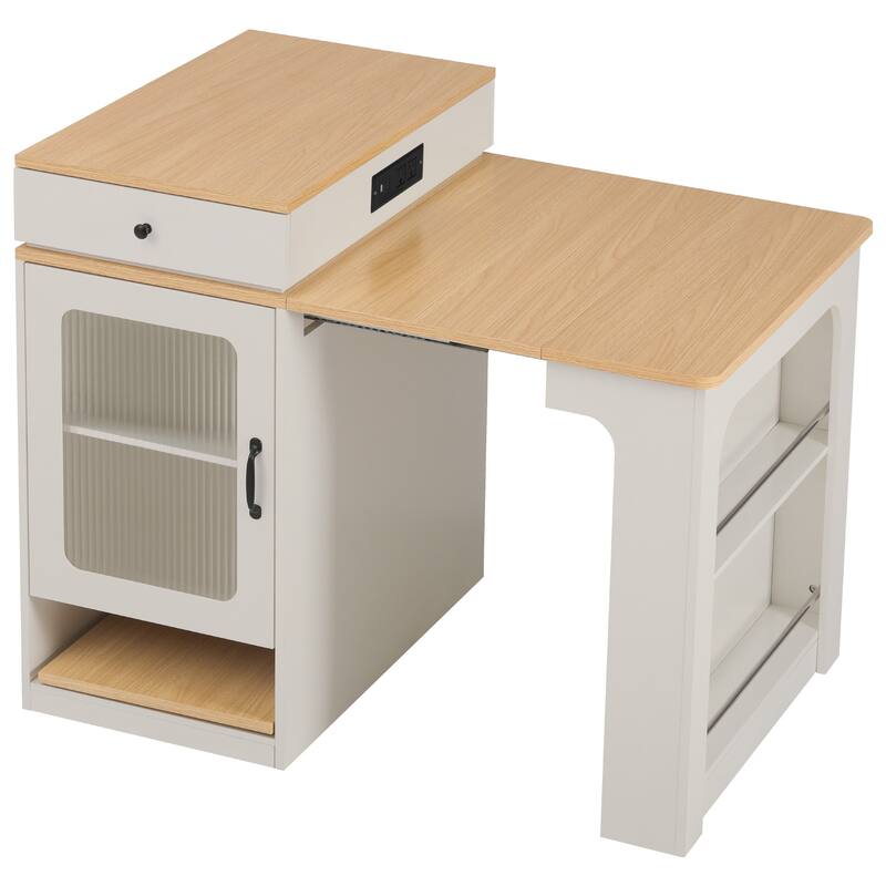 Kitchen Island with Extendable Dining Table, Kitchen Storage Table with 2 Drawers, Power Outlet, Open Shelves, for Diningroom