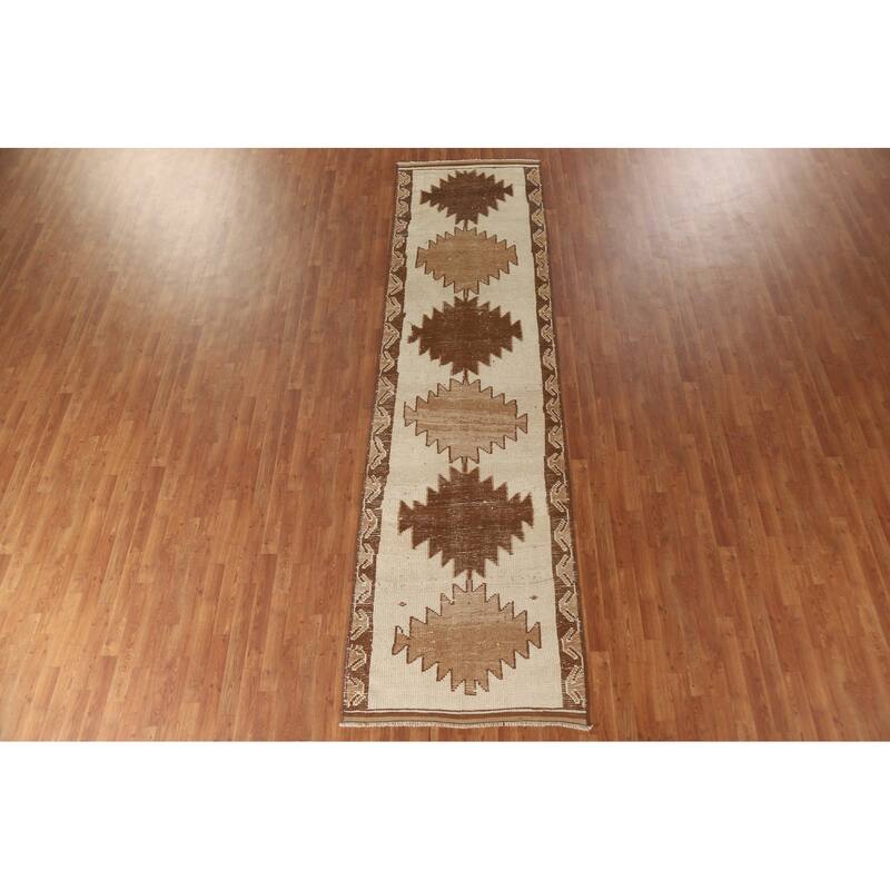 Anatolian Turkish Runner Rug Handmade Beige Wool Carpet - 3'4"x 12'7"