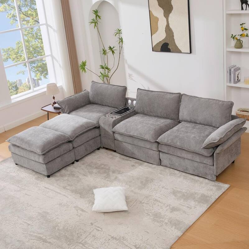 Modern Modular Sectional Sofa with Storage Console and Wireless Charging, Ottomans
