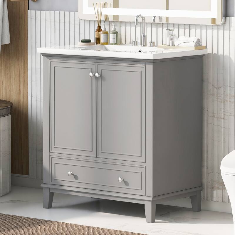 Modern 30" Bathroom Vanity with Ceramic Sink, Storage Cabinet with Door Racks, Detachable Drawer Divider and Adjustable Shelf