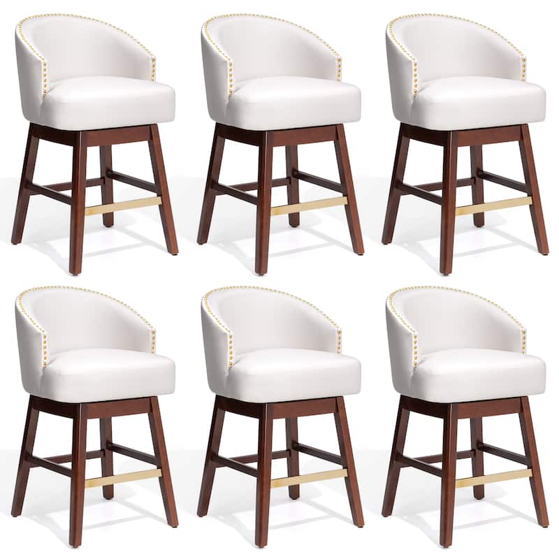 Bar Stools PU Leather / Linen Fabric Upholstered Solid Wood Swivel Barstool Set of 2/4 - Set of 6 - Ivory-White - 26.4 inches seat height - Counter Height