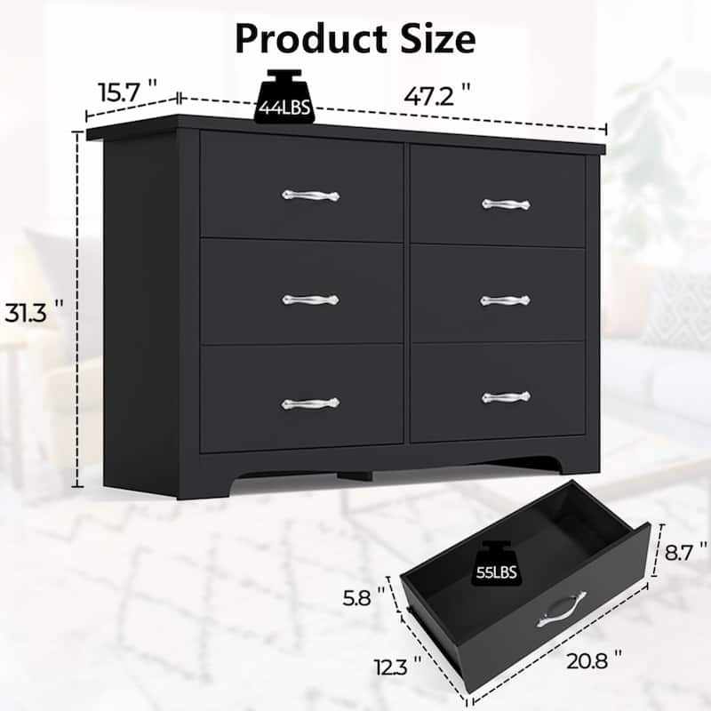 6 Drawer Dressers Black Wood Dresser Chest of Drawers Double Dresser for Bedroom