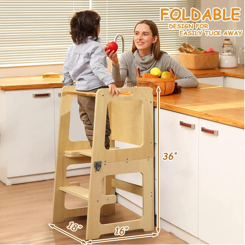 Javlergo Kitchen Kids Step Stool, Toddler Standing Tower with Chalkboard & Safety Rail, Natural - 18" x 16" x 36"