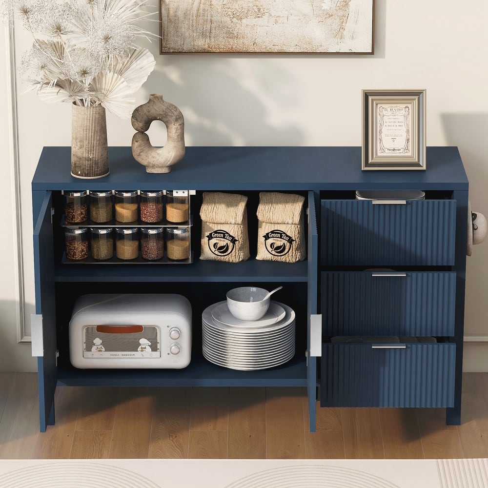 Modern Wave-Pattern Sideboard with 3 Drawers, Large Storage Buffet Cabinet with Hooks and Extra Center Leg