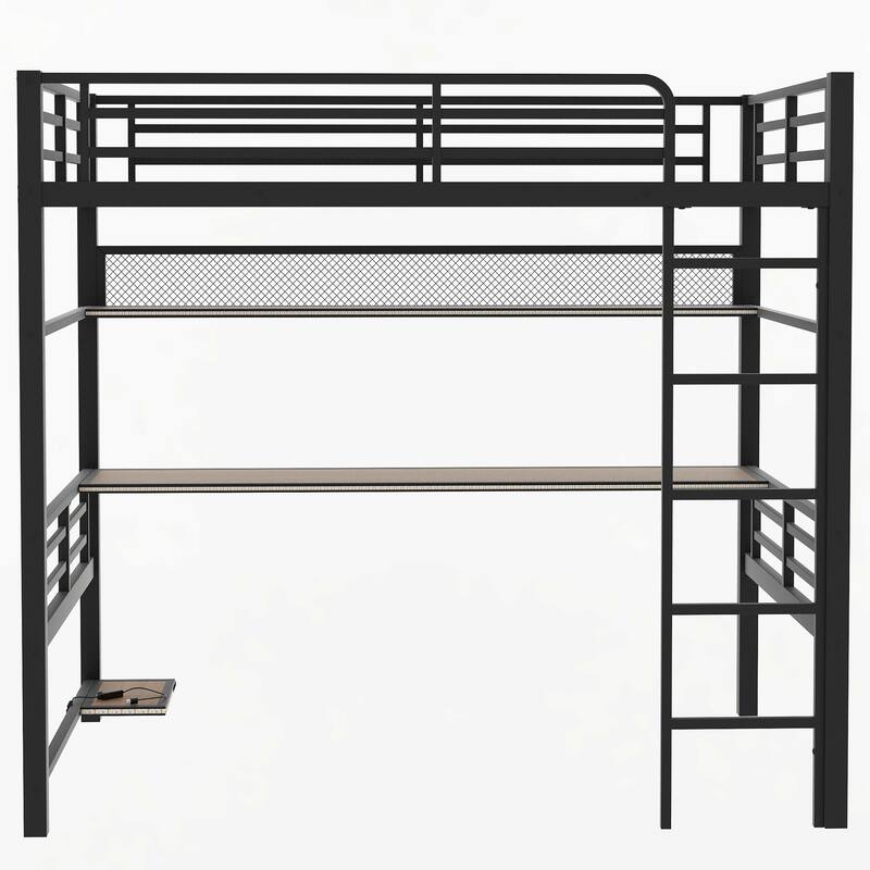Full Size Metal Loft Bed Frame with Storage Shelf and LED Light, Iron Mesh