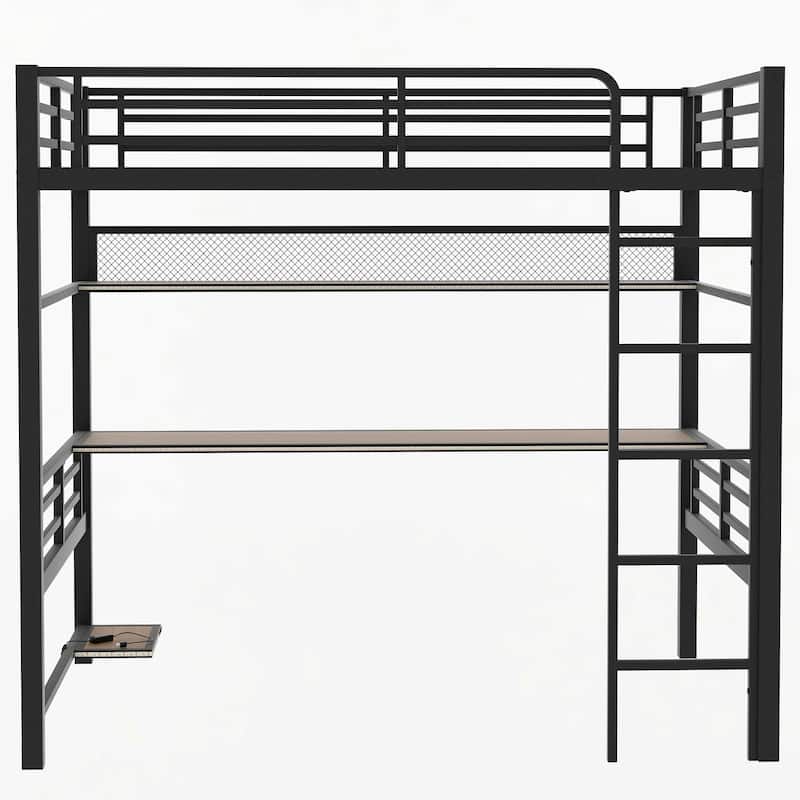 Roomfitters Full Size Metal Loft Bed Frame with Storage Shelf and Sturdy Mesh Construction, Black
