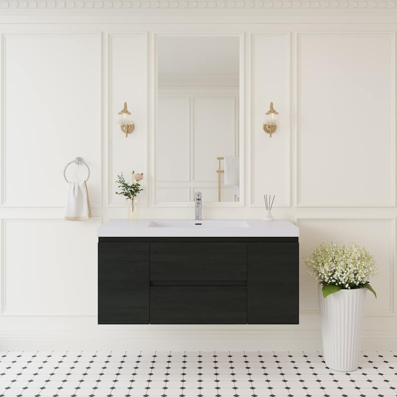 GDFStudio - Alexander Modern Floating Bathroom Vanity with Integrated Resin Sink and Soft-Close Drawer Storage - Espresso+White