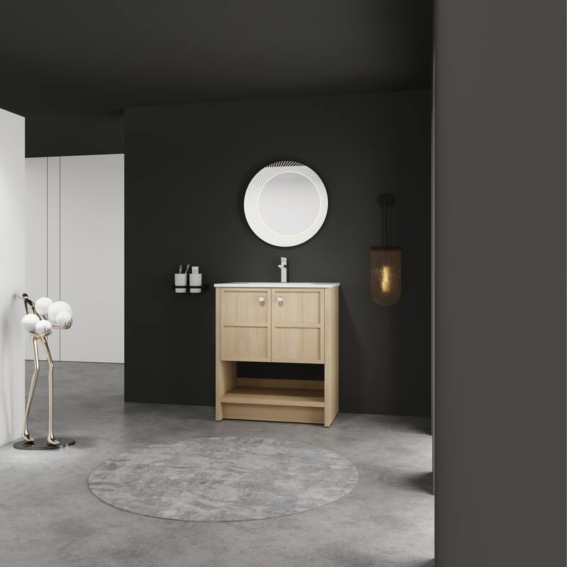 GDFStudio - Bergen Modern Minimalist Freestanding Bathroom Vanity Cabinet with Ceramic Sink, Soft Close Doors& Open Shelf - 30"