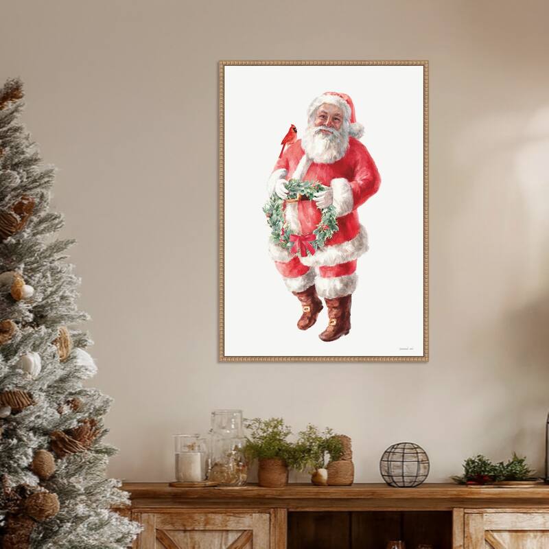 Jolly Santa with Wreath by Danhui Nai (23 x 33 in.), Framed Canvas Wall Art Print - Sylvie Beaded Rustic Natural