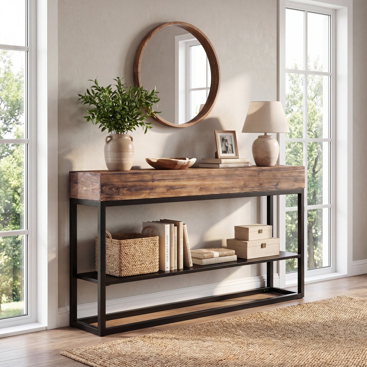 63" Solid Wood Console Sofa Table, 2-Tier Long Entryway Table with Metal Frame