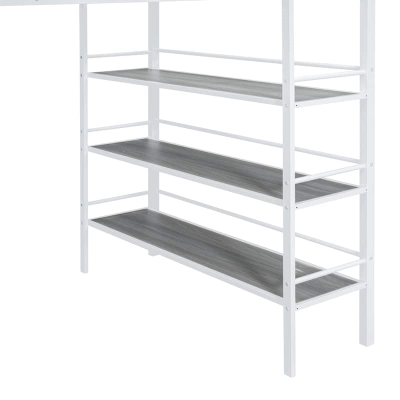 Full Size Metal Loft Bed with Shelves and Desk