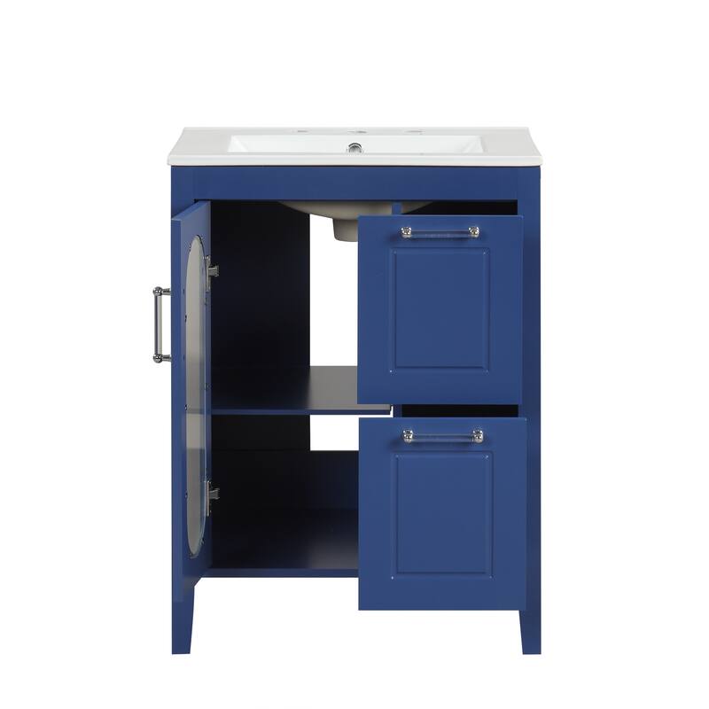 Freestanding Vanity for Bathroom with Ceramic Sink, Glass Cabinet Door, Drawers, Acrylic Bar Handles and Adjustable Shelf