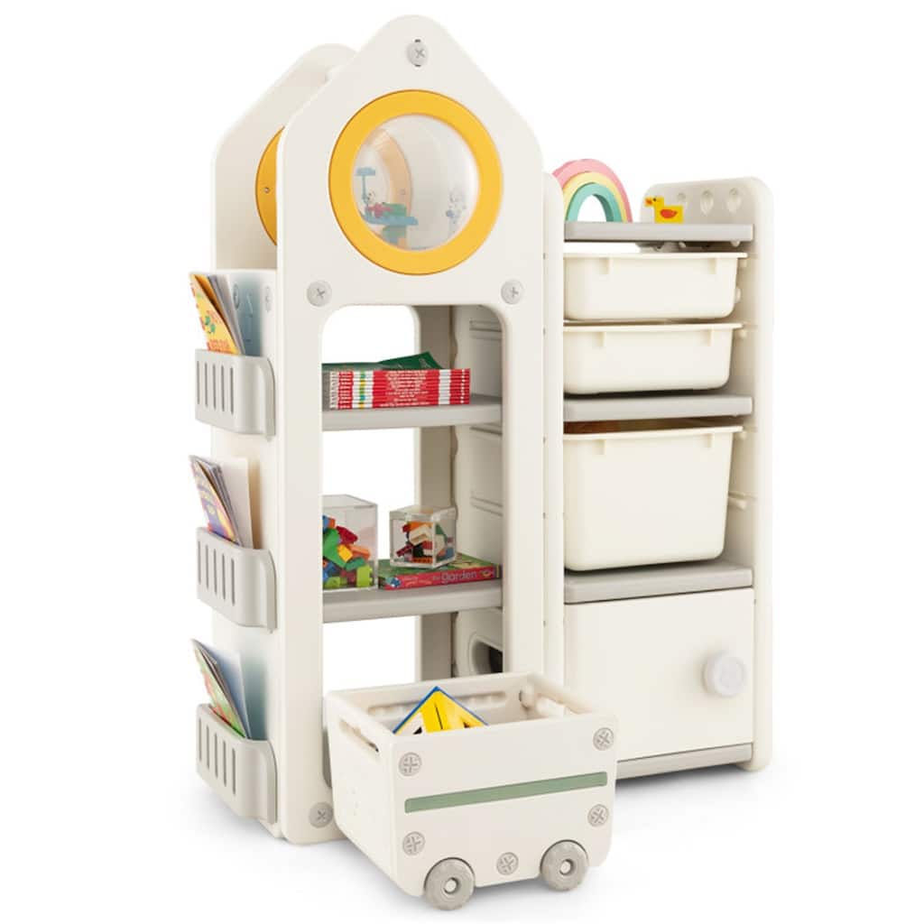 Beige Toy Organizer with Mobile Trolley and 3 Bookshelves Cabinet Large and Small Storage Bins - 34" x 15" x 47"