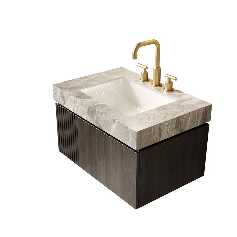 30" Floating Bathroom Vanity with Sintered Stone Top & Ceramic Basin, Plywood Cabinet with Drawer & Door