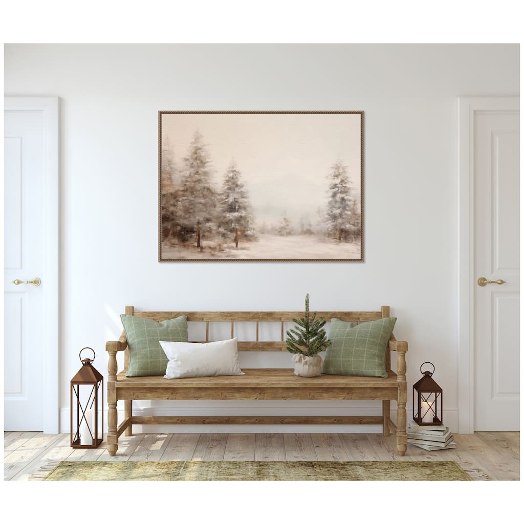 Kate and Laurel Sylvie Beaded Warm Neutral Winter Forest Landscape Framed Canvas by The Creative Bunch Studio