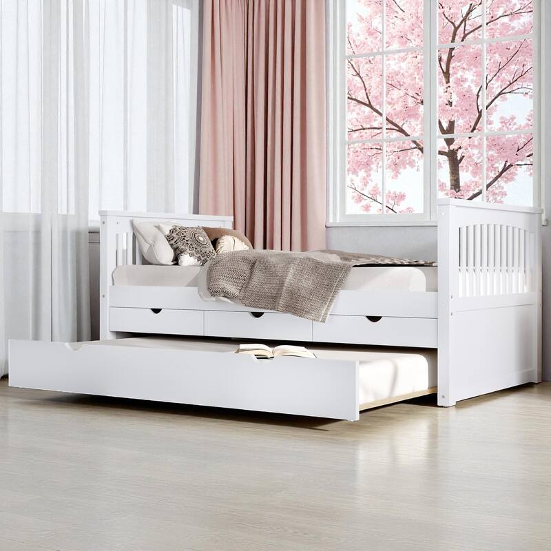 Twin Solid Wood Platform Bed with Drawers and Trundle, Space-Saving Daybed Frame with Storage, No Box Spring Needed