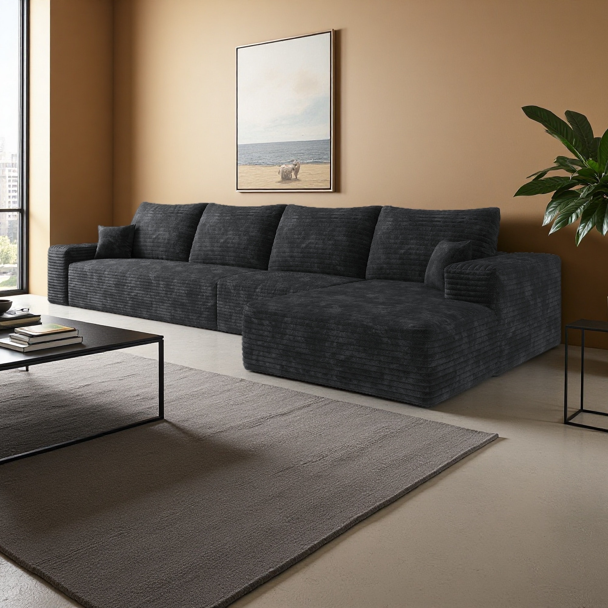135" Plush Corduroy L-Shaped 4-Seater Sectional Sofa with Right Facing Chaise Lounge