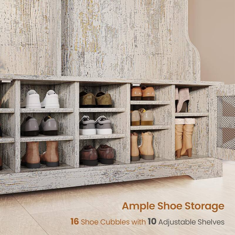 Hall Tree w/ Bench Shoe Storage Shoe Cubby Barn Door Adjustable Shelf