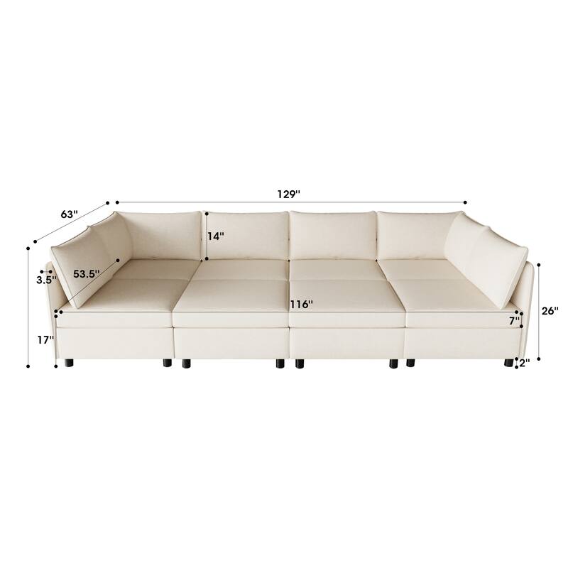 Beige 129'' Convertible 8-Seater Modular Sofa with Storage