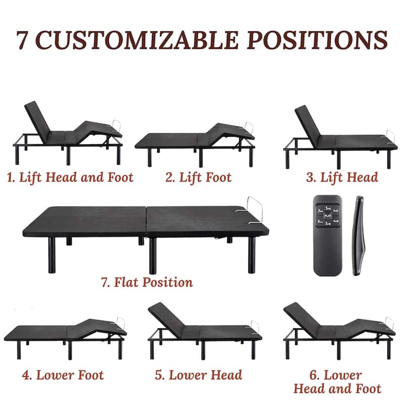 Adjustable Bed Base Frame with Zero-Gravity Positioning, Massage Options and Independent head and Foot Incline Adjustments