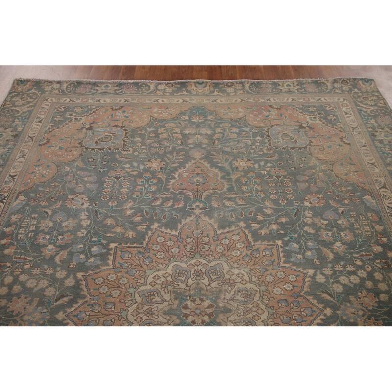 Green Tabriz Persian Vintage Area Rug Hand-knotted Wool Carpet - 6'5" x 8'11"