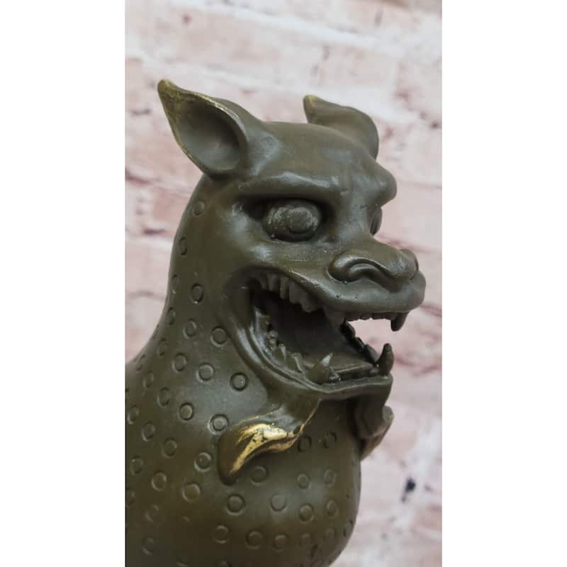 Asian Food Imitative Dog Imitative Lion Guardian Beast Bronze Sculpture On Marble Base