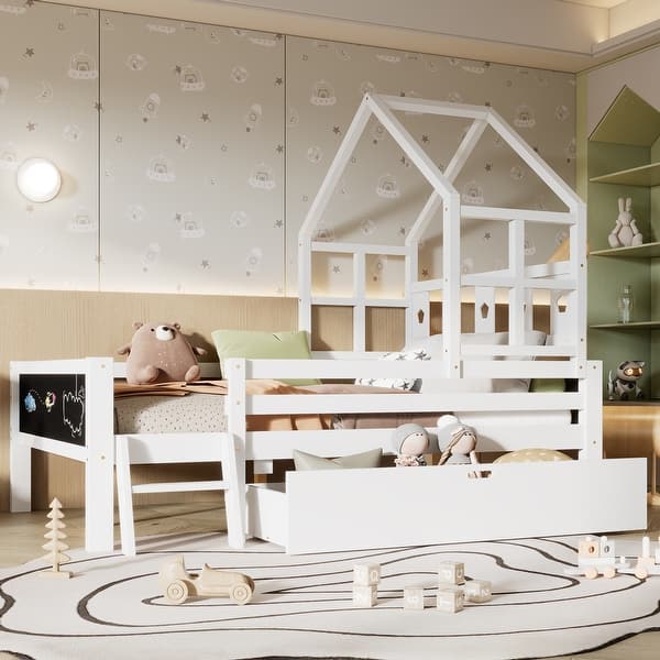 slide 2 of 16, Twin Size Platfrom Bed with Ladder and Drawers,House Design Bed with Blackboard White