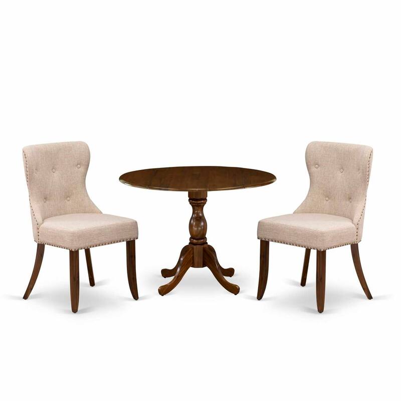 3-Piece Acacia Walnut Finish Solid Wood Top - Button Tufted Dining Room Set - Seats 4