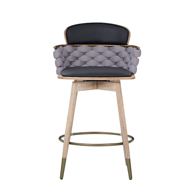 Art Leon Retro Woven and Wood Counter Height Barstool - Single - Black Faux Leather