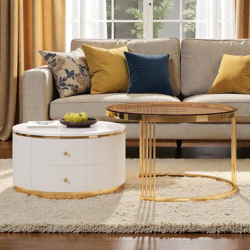 Modern Round Nesting Coffee Table Set of 2 with Drawers. MDF Top and Gold Metal Legs. Space Saving Accent Tables - White