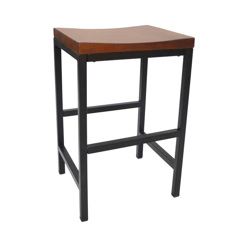 Contemporary Chestnut Swivel Solid Wood Saddle Seat Bar Stool with Footrest and Black Steel Frame - Chestnut-Black-24"