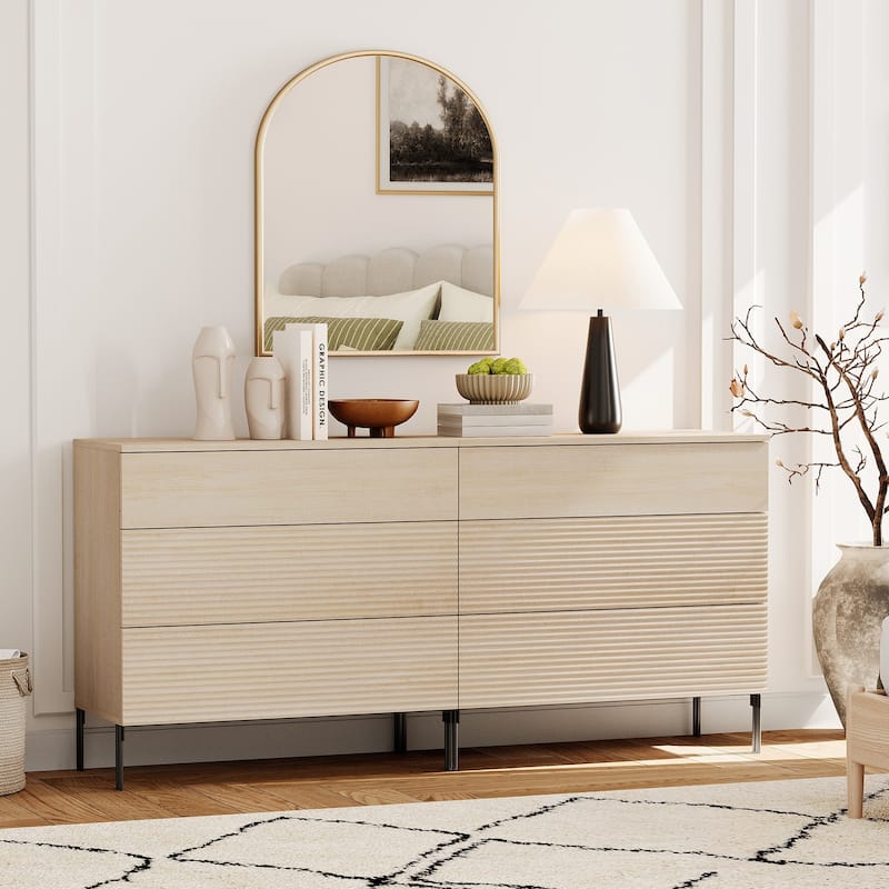 4 Pcs Wood Bedroom Set，Reeded 6 Drawer Dresser and Nightstand Sets, Night Stand Set of 2 with Charging