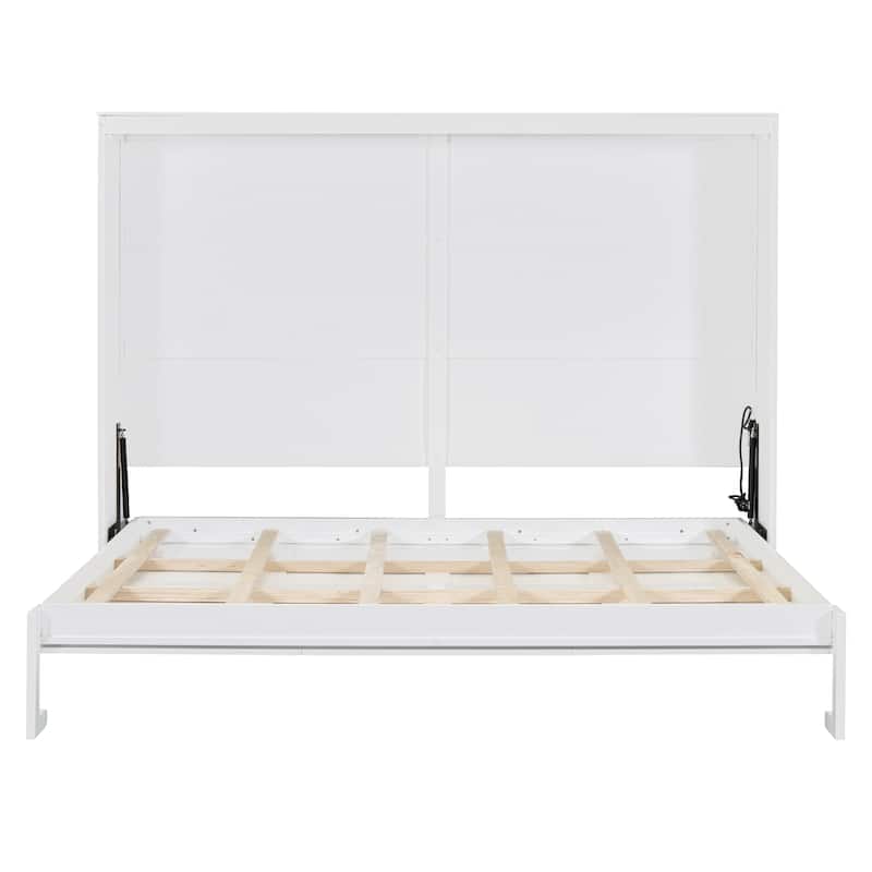 Queen Size Murphy Bed Cabinet,Space Saving Foldable Wall Bed with Rattan Design, Dual-Piston Mechanism